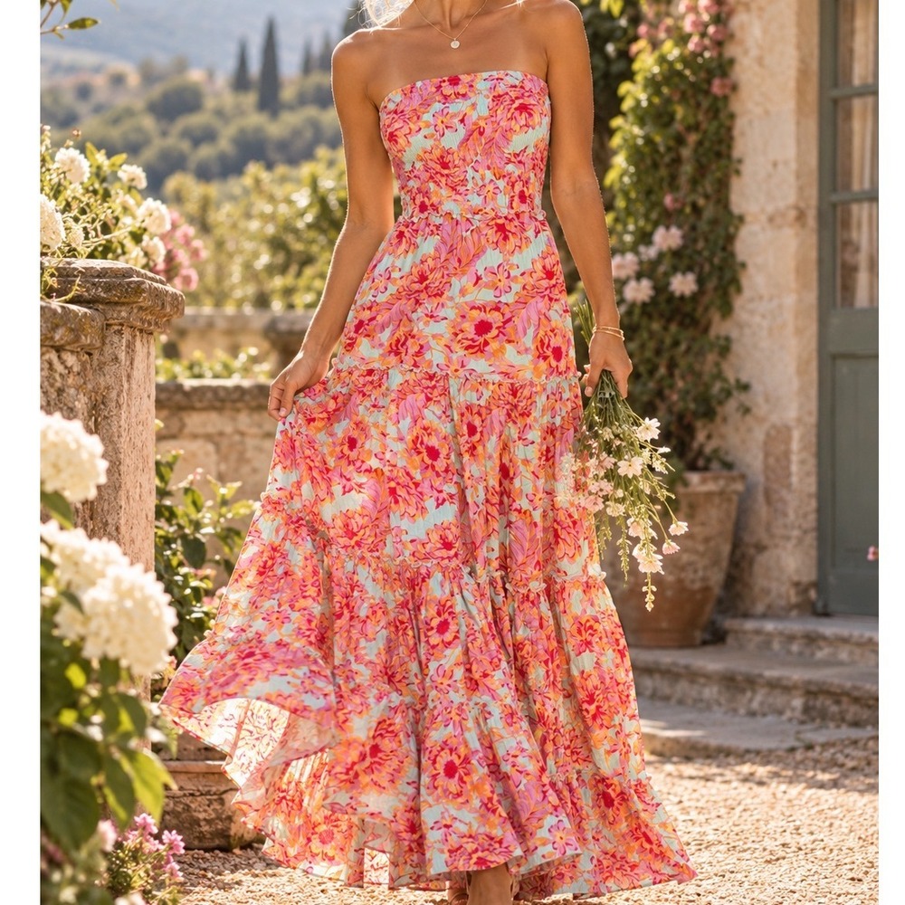 Abel The Label Floral Smocked Strapless Maxi Dress Pink Orange Blue Small D3